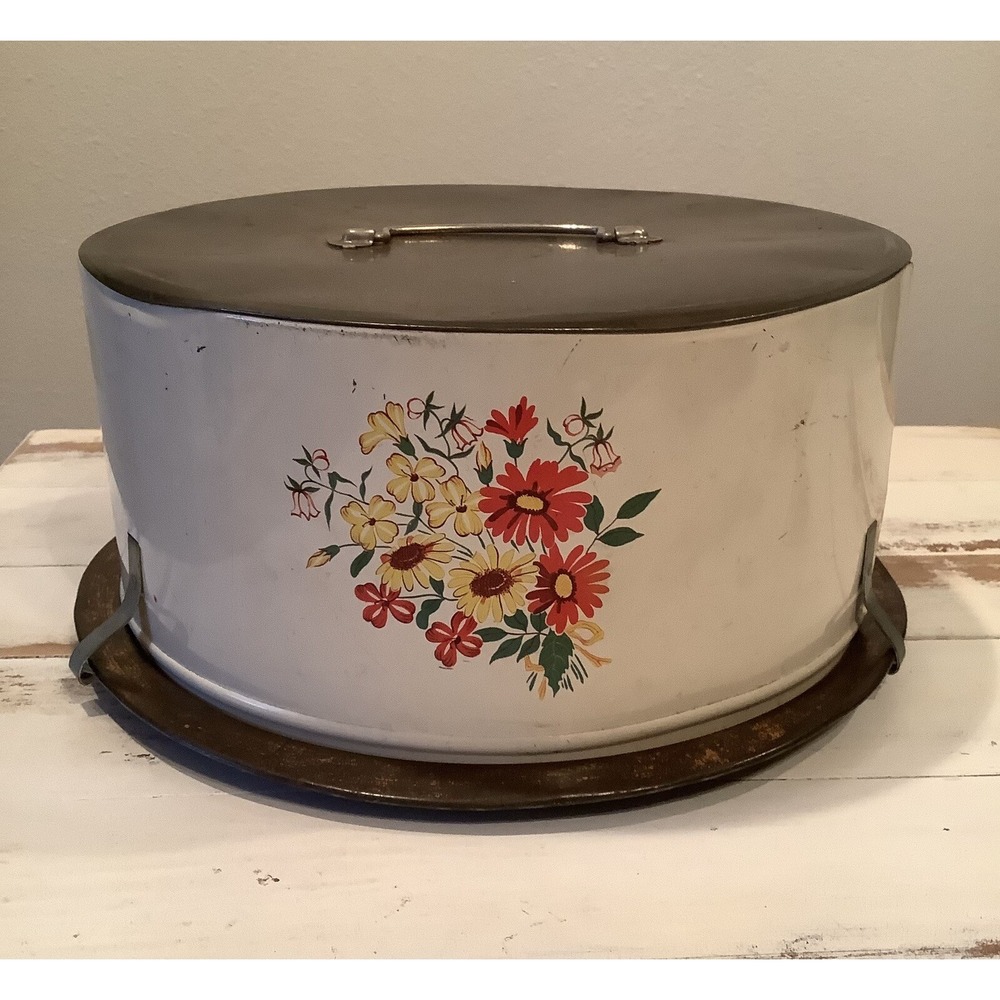 Vintage Metal Cake Carrier Container Flowers Deco Ware with Handle